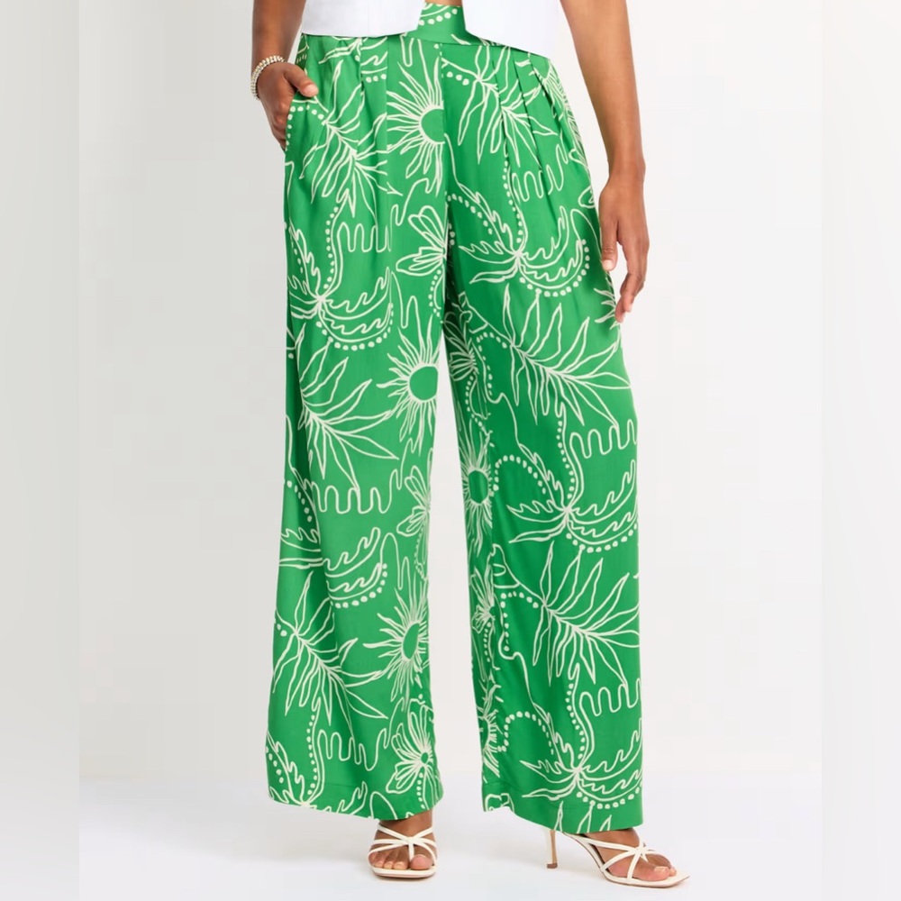 Tribal Green Leaf Print Wide-Leg Pants - Picture 1 of 8